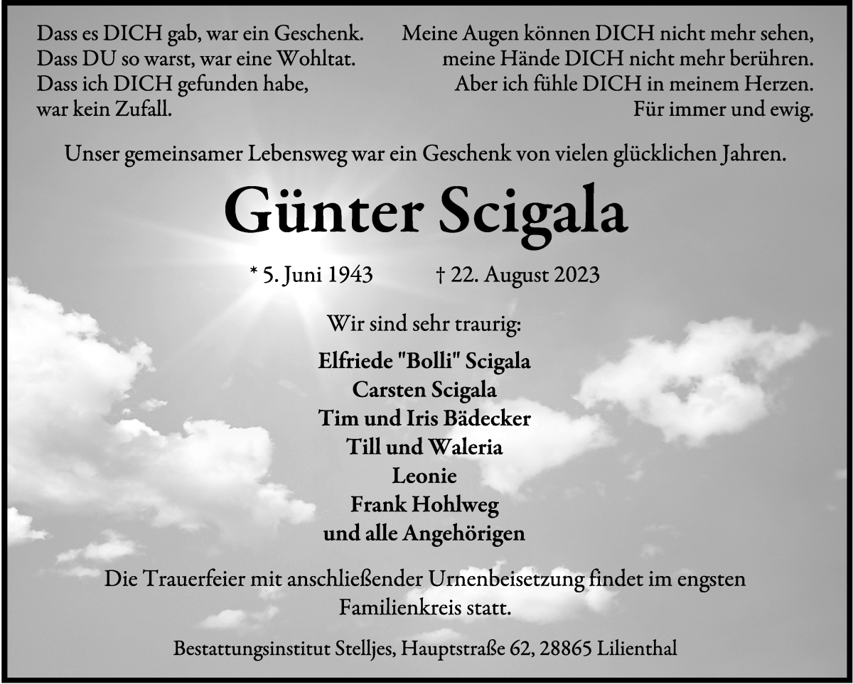 Traueranzeige von Günter Scigala von Wuemme Zeitung