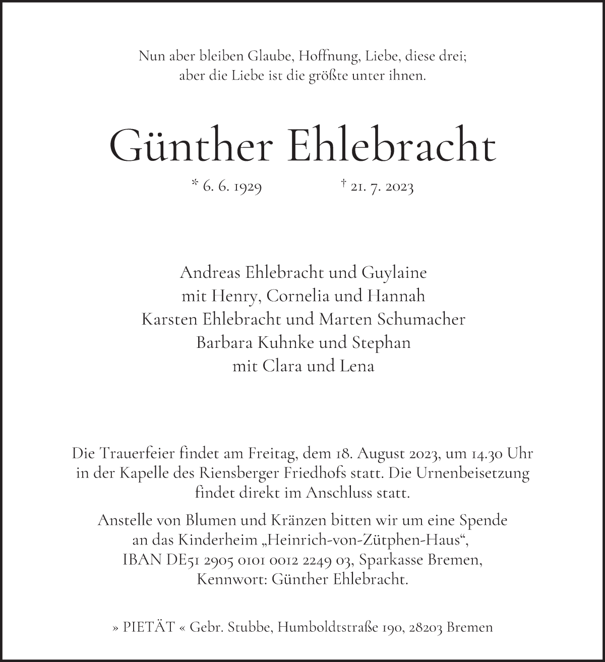 Traueranzeige von Günther Ehlebracht von WESER-KURIER