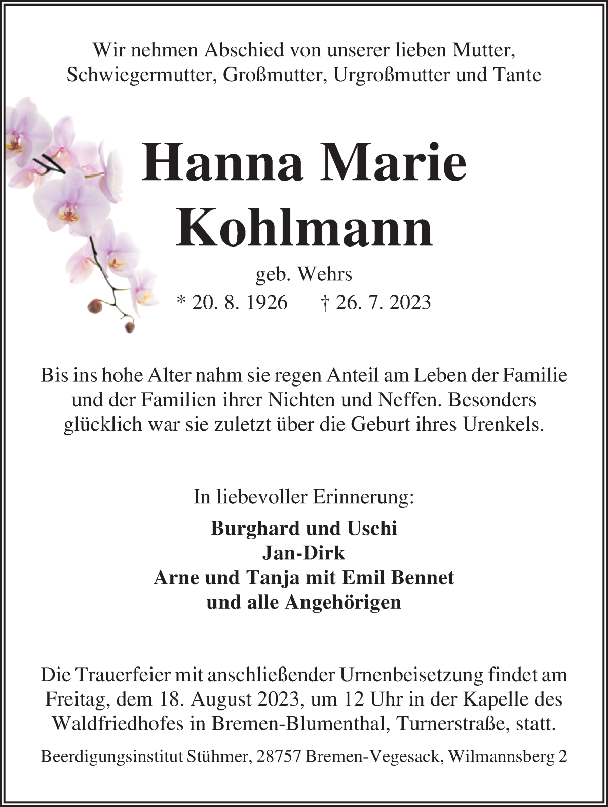Traueranzeige von Hanna Marie Kohlmann von Die Norddeutsche