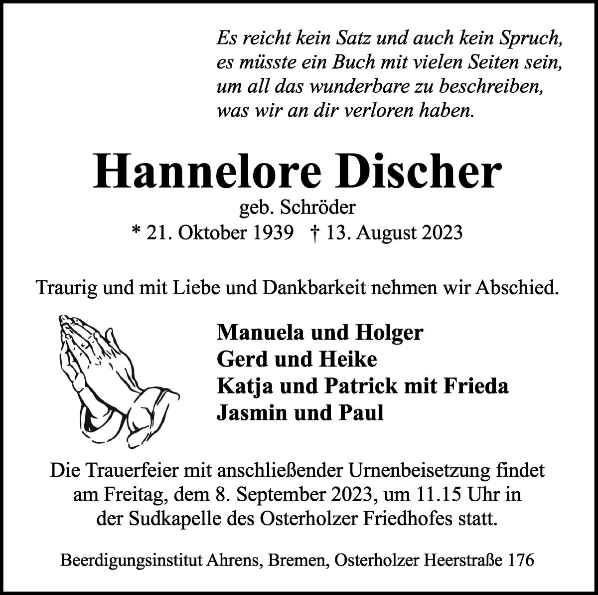 Traueranzeige von Hannelore Discher von WESER-KURIER