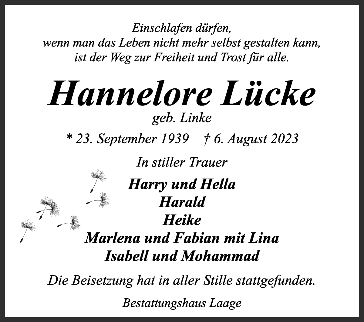 Traueranzeige von Hannelore Lücke von WESER-KURIER