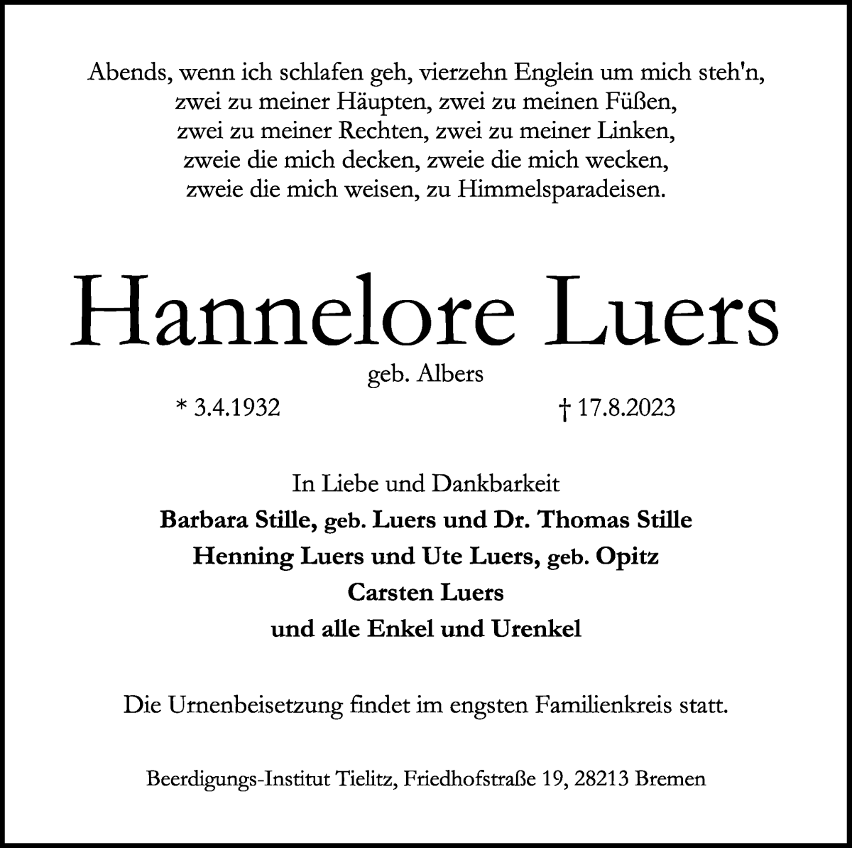 Traueranzeige von Hannelore Luers von WESER-KURIER