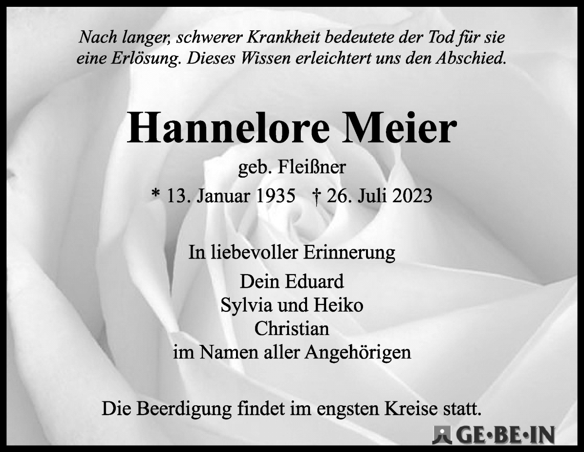 Traueranzeige von Hannelore Meier von WESER-KURIER