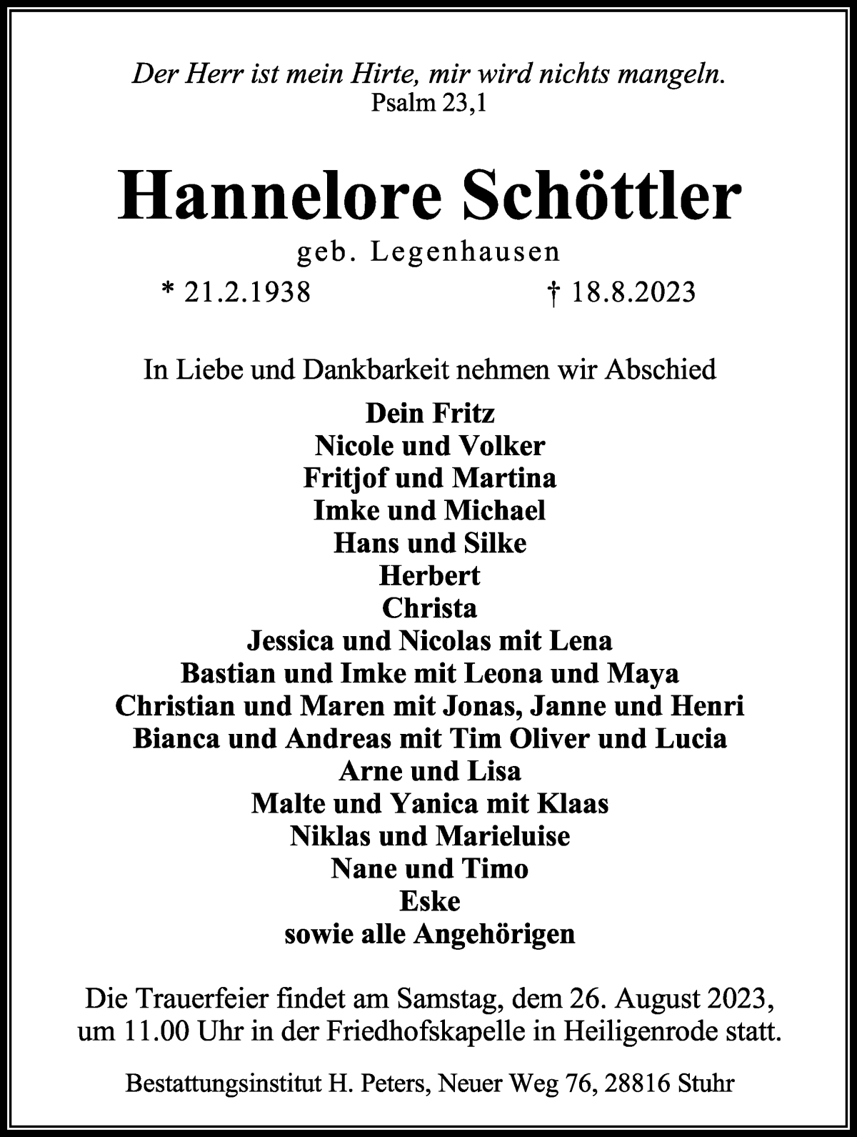 Traueranzeige von Hannelore Schöttler von Regionale Rundschau/Syker Kurier