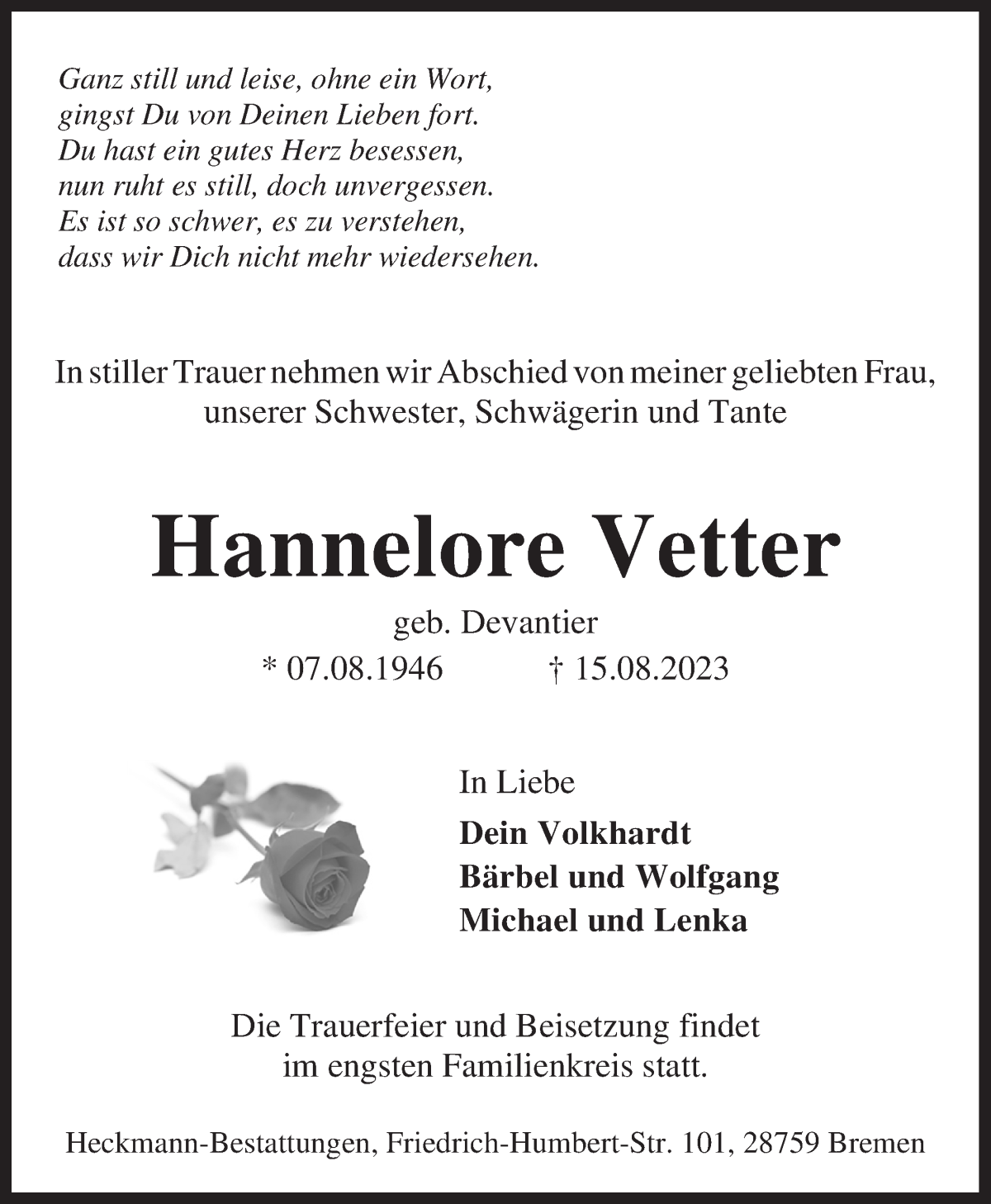 Traueranzeige von Hannelore Vetter von Die Norddeutsche