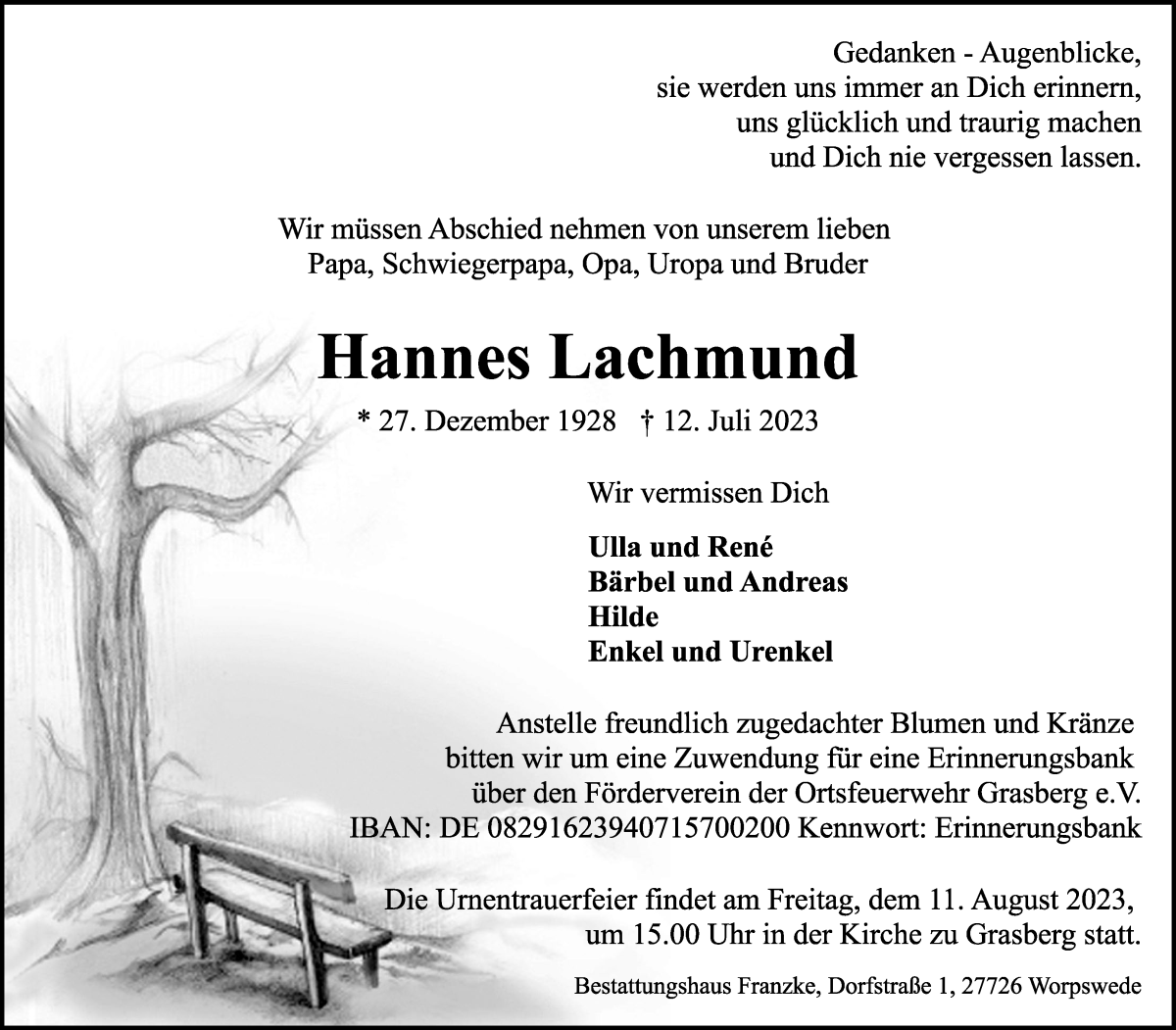 Traueranzeige von Hannes Lachmund von Wuemme Zeitung