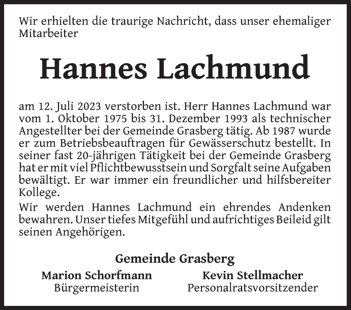 Traueranzeige von Hannes Lachmund von Wuemme Zeitung