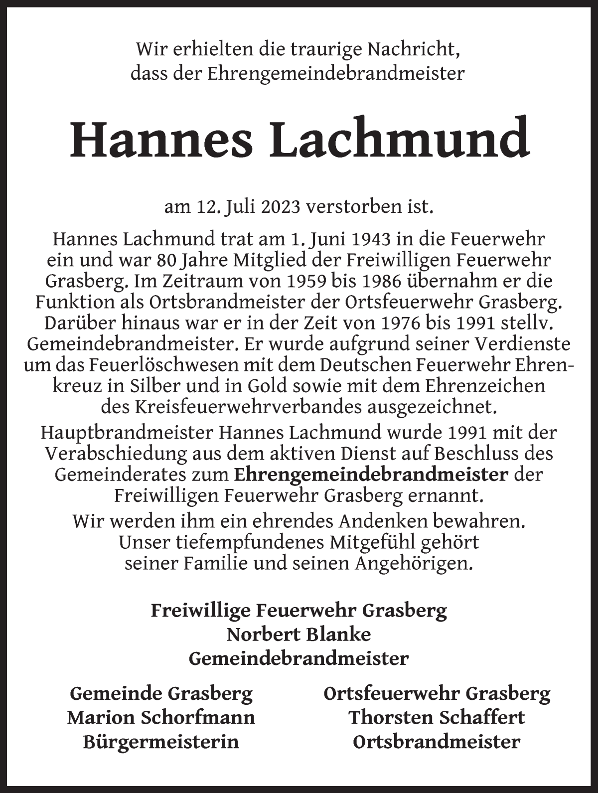 Traueranzeige von Hannes Lachmund von Wuemme Zeitung