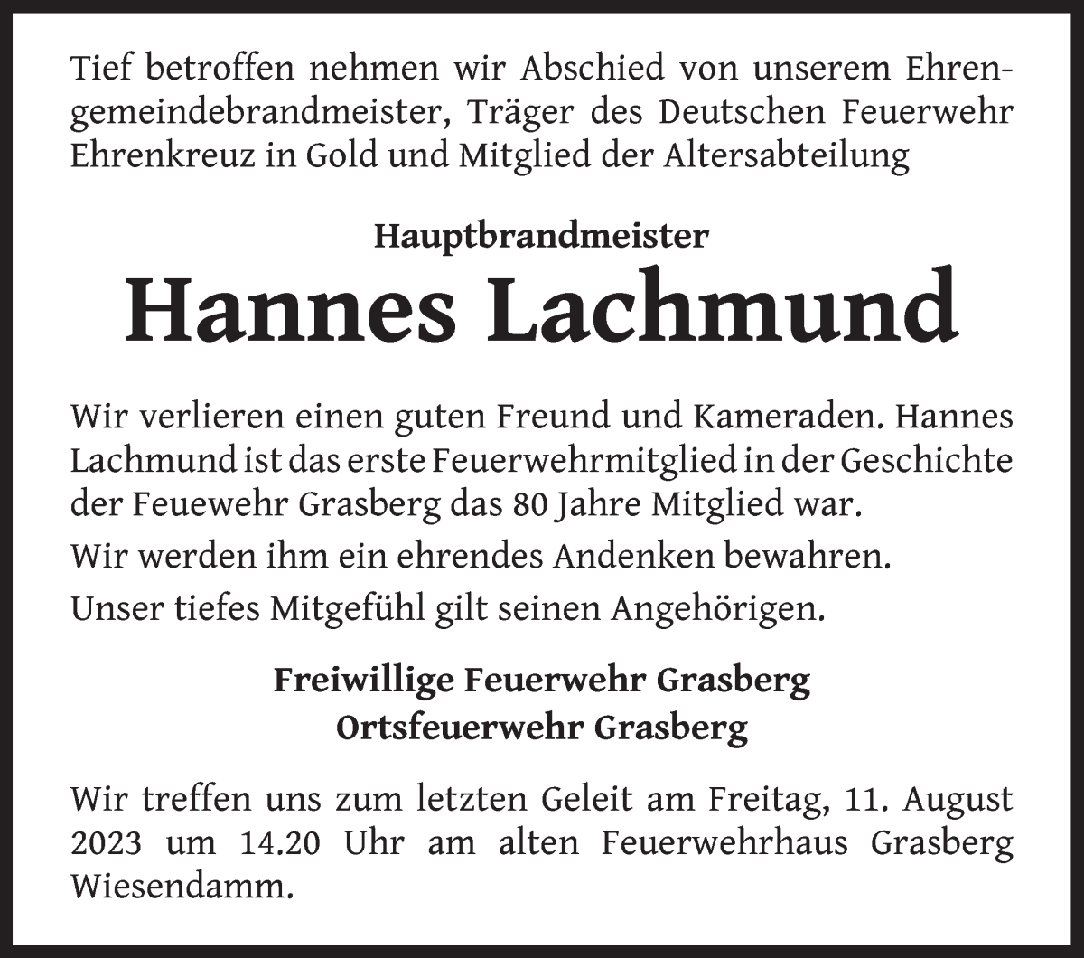 Traueranzeige von Hannes Lachmund von Wuemme Zeitung