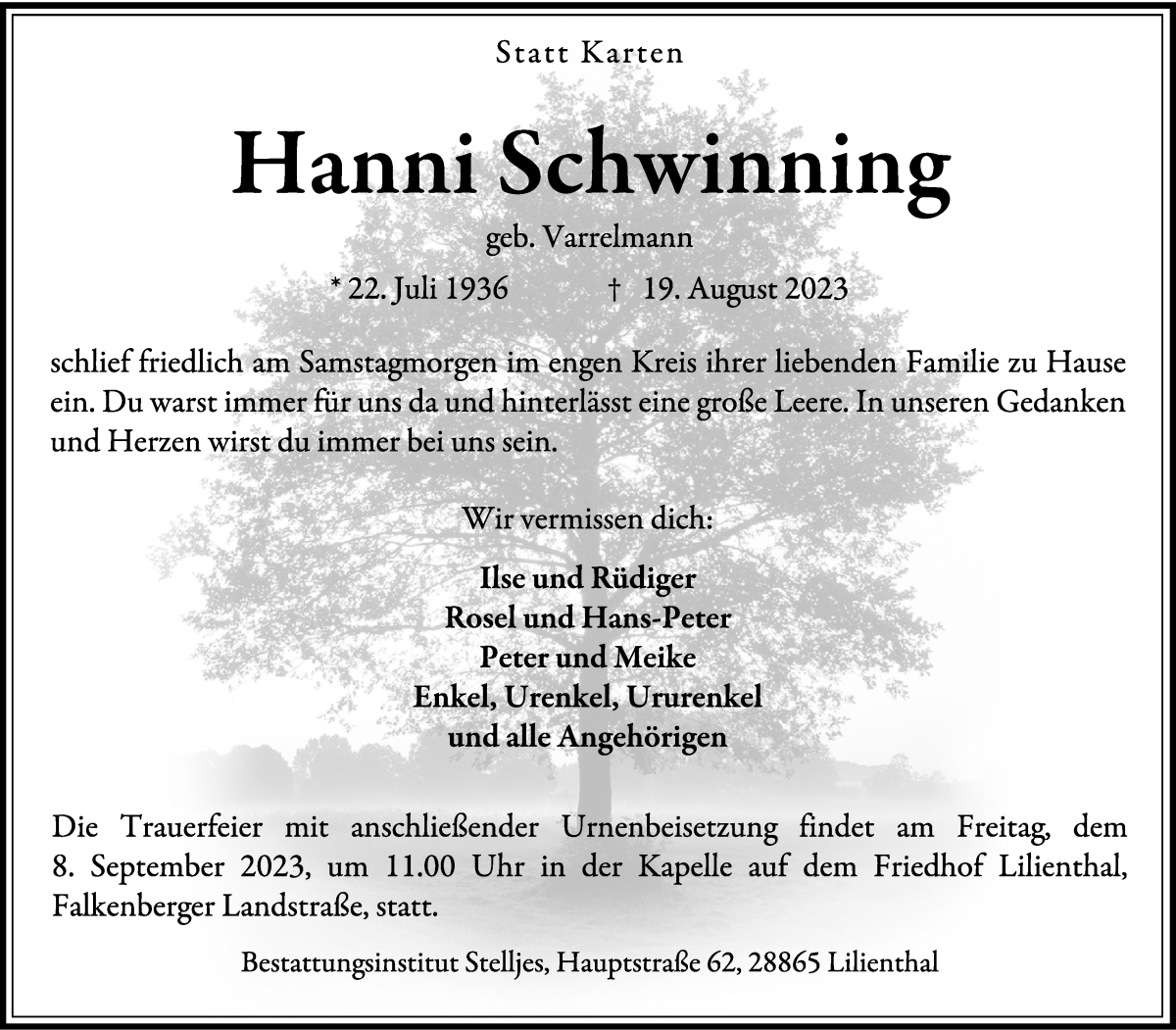 Traueranzeige von Hanni Schwinning von Wuemme Zeitung