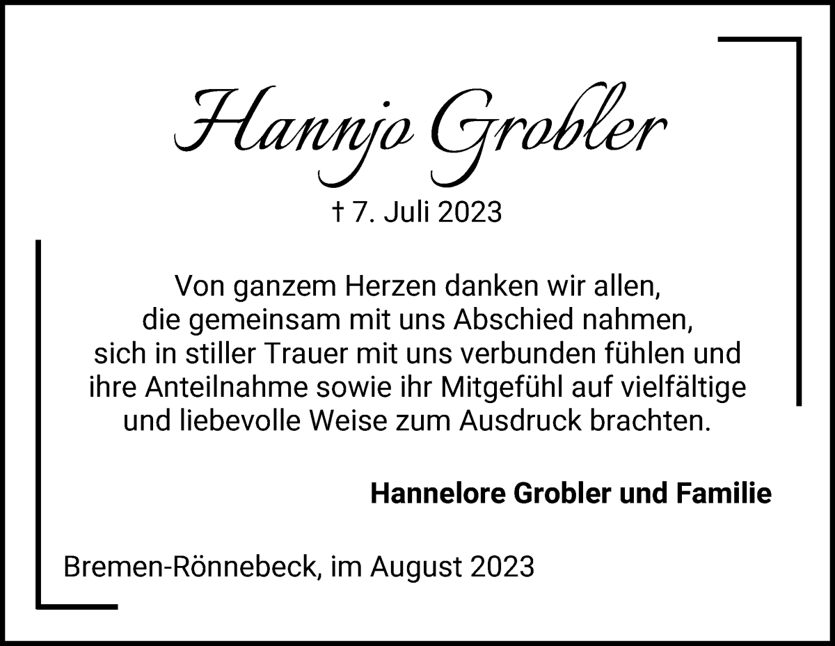 Traueranzeige von Hannjo Grobler von Die Norddeutsche