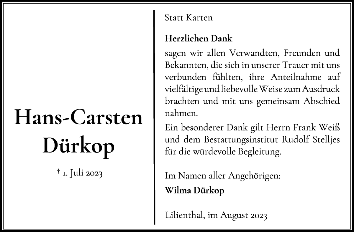 Traueranzeige von Hans-Carsten Dürkop von Wuemme Zeitung