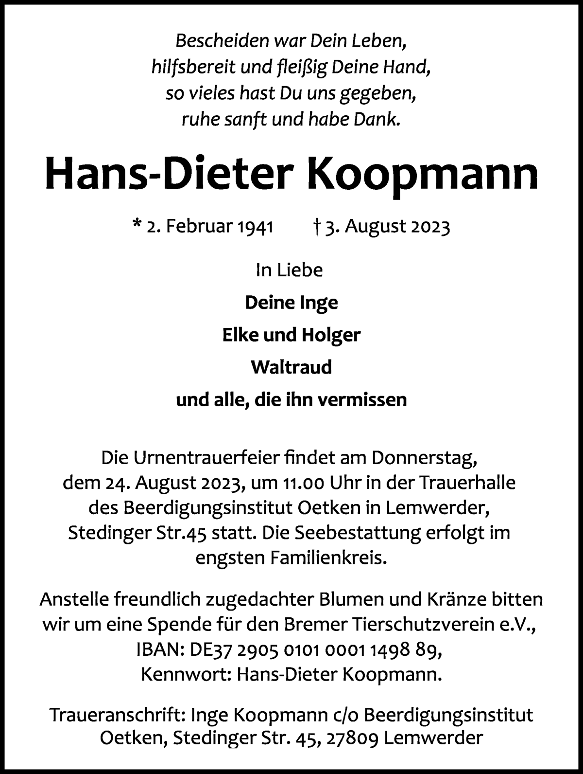 Traueranzeige von Hans-Dieter Koopmann von Die Norddeutsche
