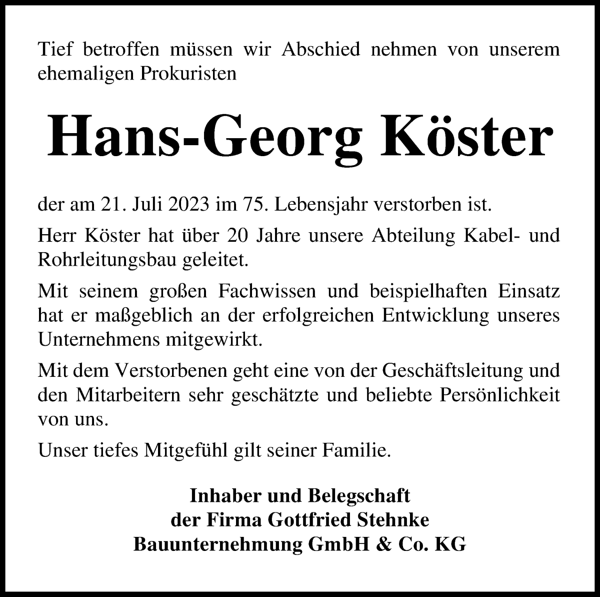Traueranzeige von Hans-Georg Köster von Osterholzer Kreisblatt