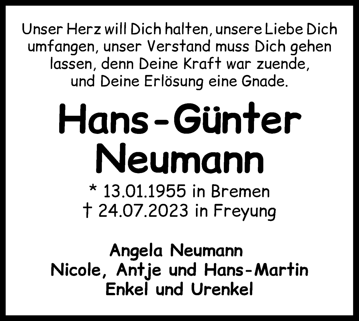 Traueranzeige von Hans-Günter Neumann von WESER-KURIER