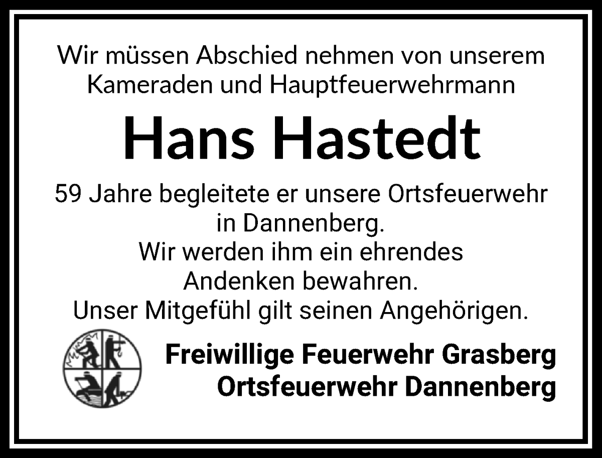Traueranzeige von Hans Hastedt von Wuemme Zeitung
