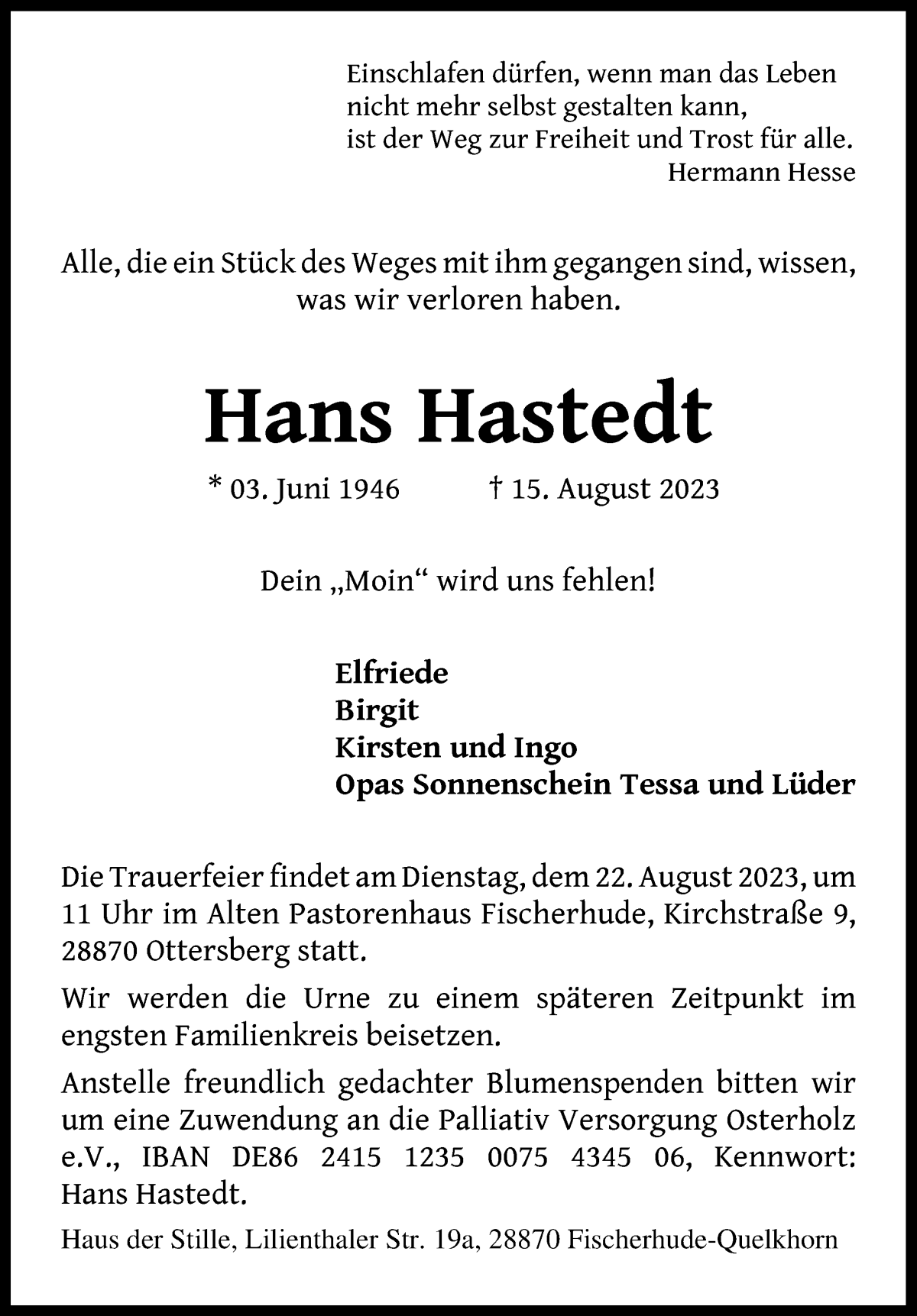 Traueranzeige von Hans Hastedt von Wuemme Zeitung