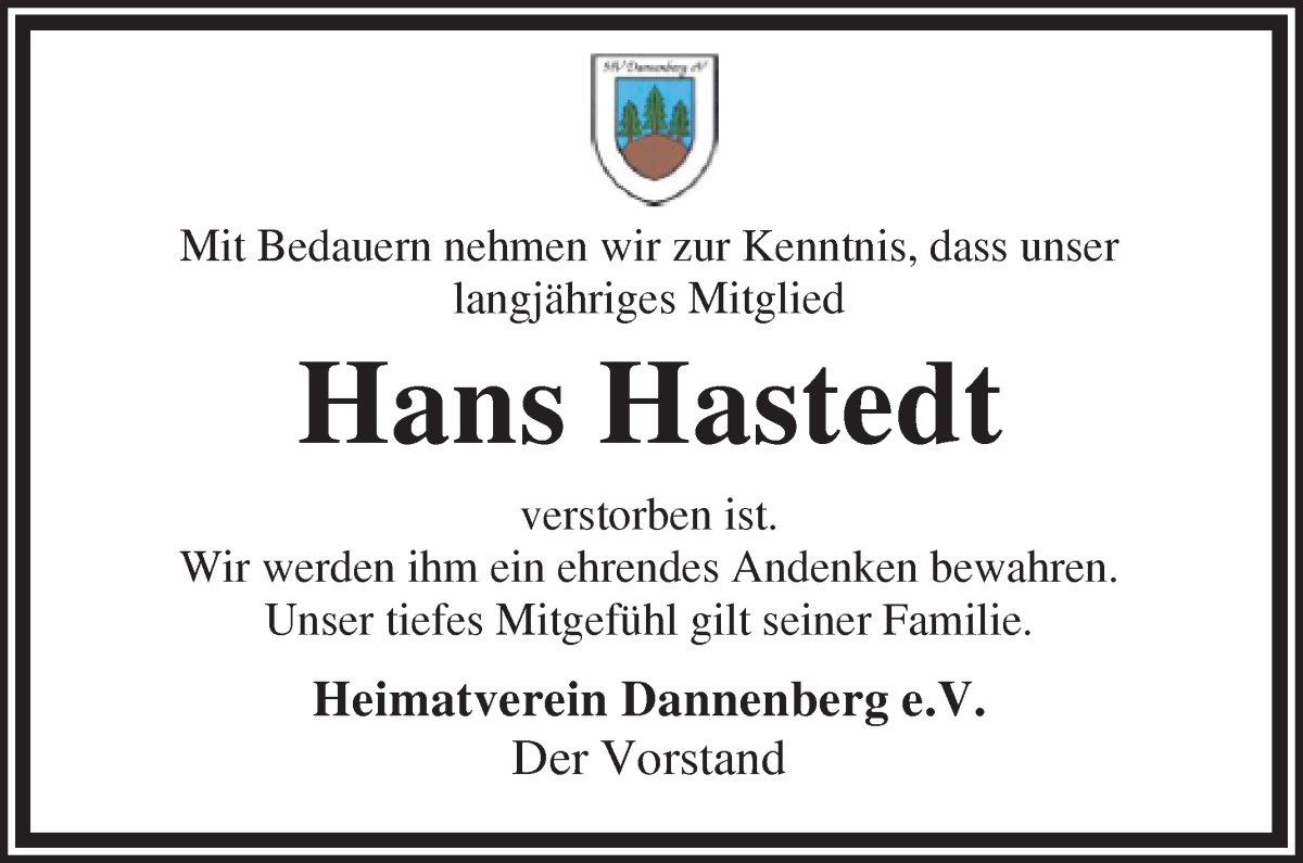 Traueranzeige von Hans Hastedt von Wuemme Zeitung
