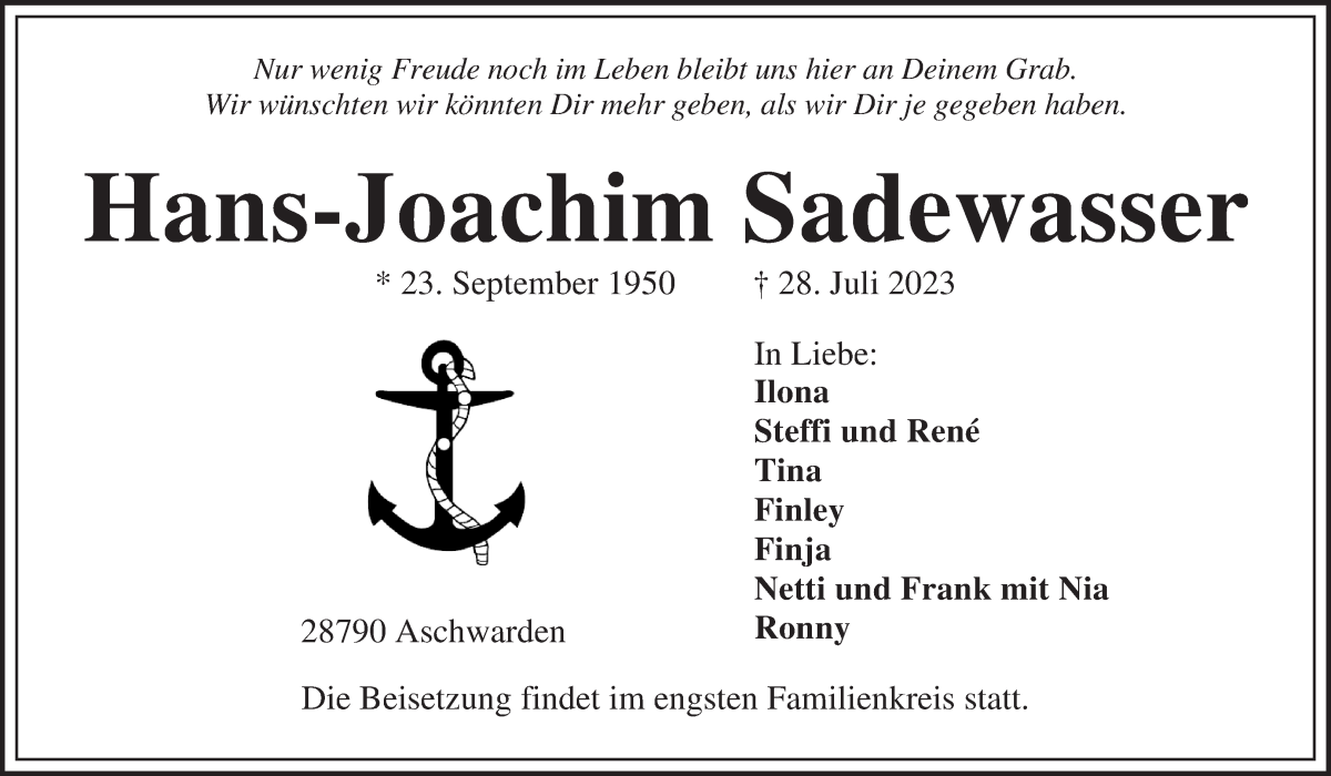 Traueranzeige von Hans-Joachim Sadewasser von Die Norddeutsche