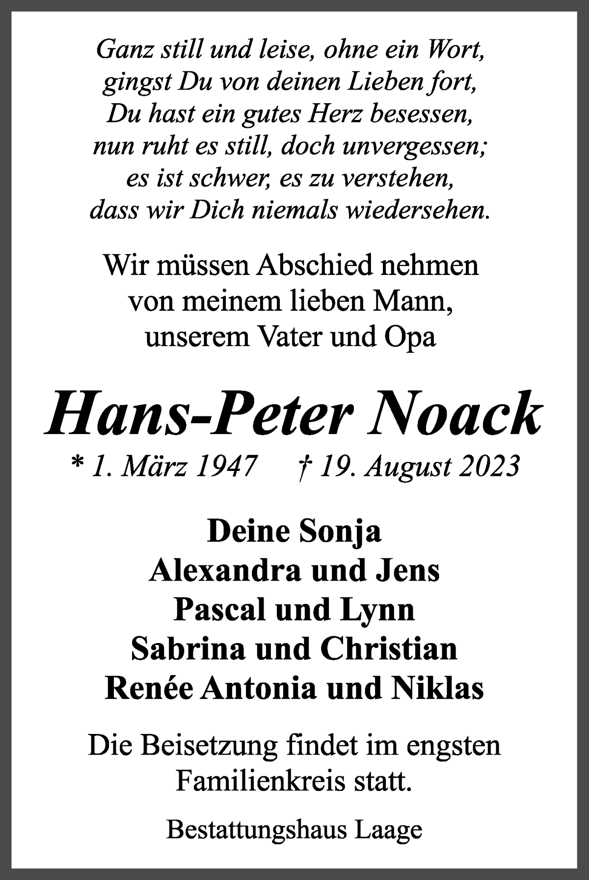 Traueranzeige von Hans-Peter Noack von WESER-KURIER