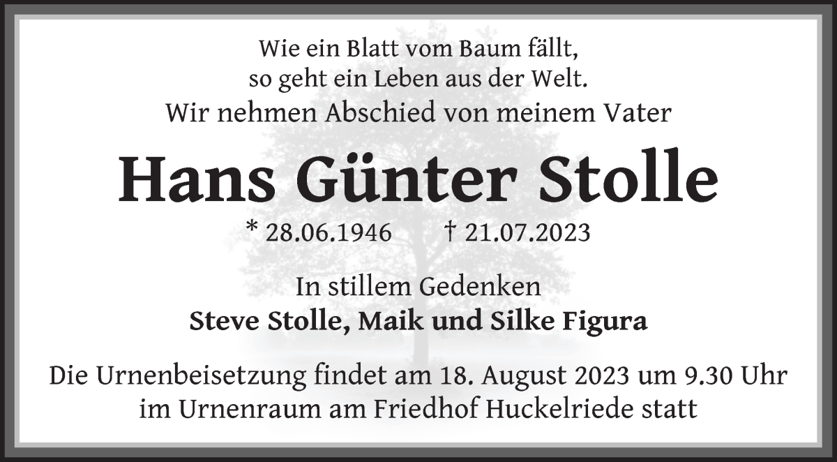 Traueranzeige von Hans Günter Stolle von WESER-KURIER