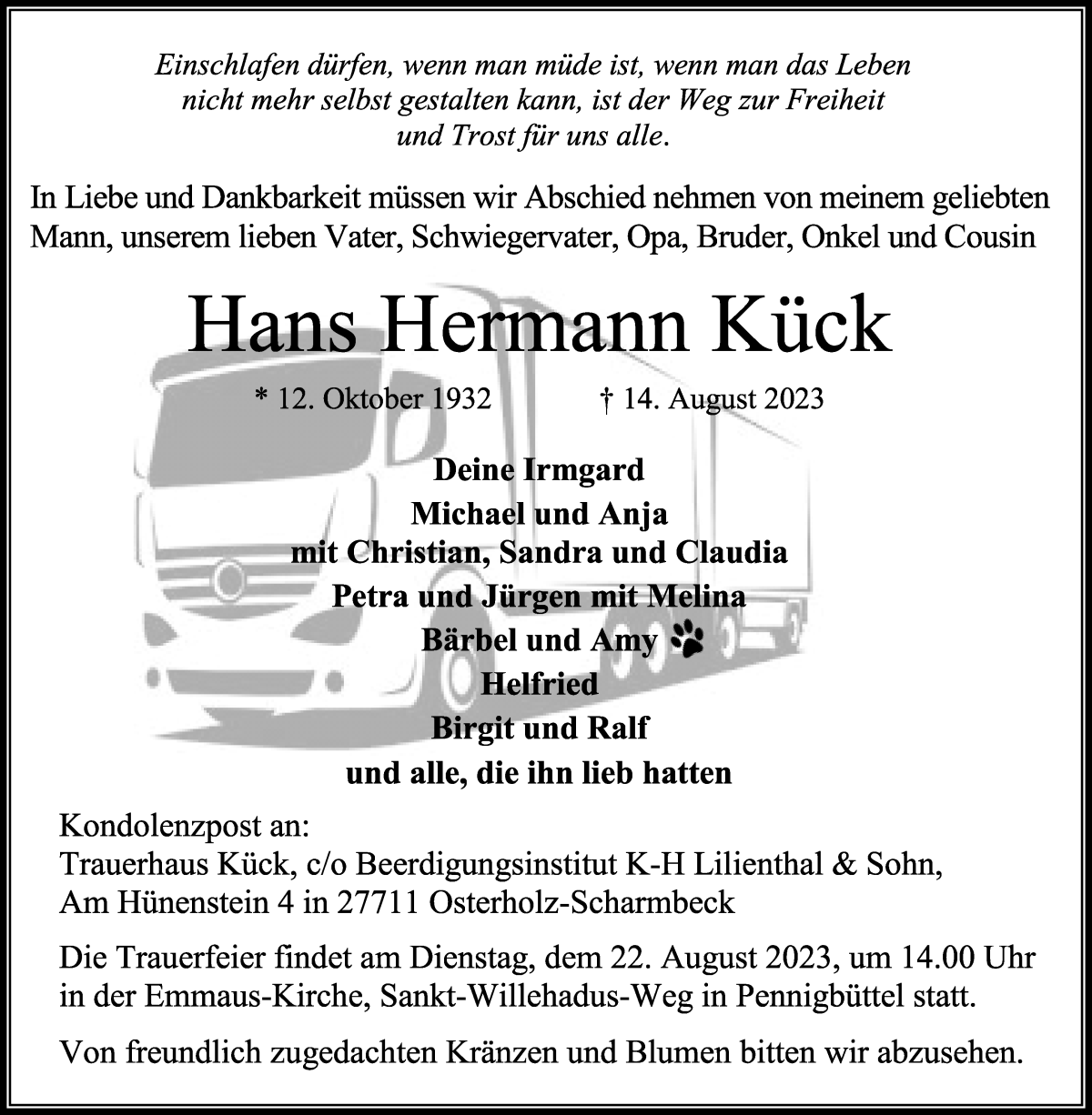 Traueranzeige von Hans Hermann Kück von Osterholzer Kreisblatt