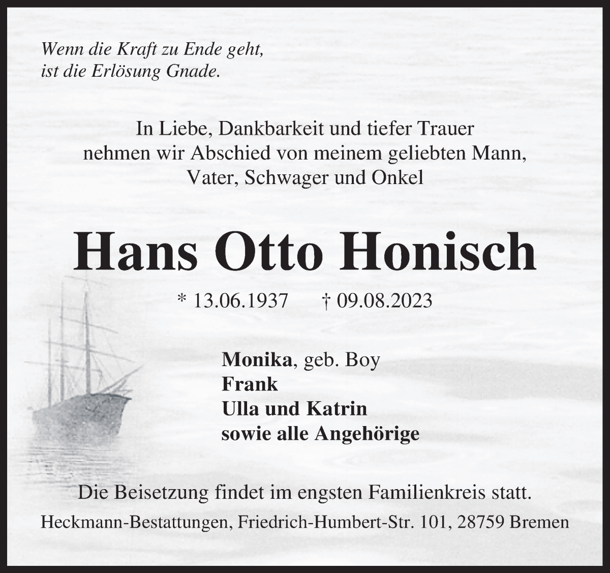 Traueranzeige von Hans Otto Honisch von Die Norddeutsche