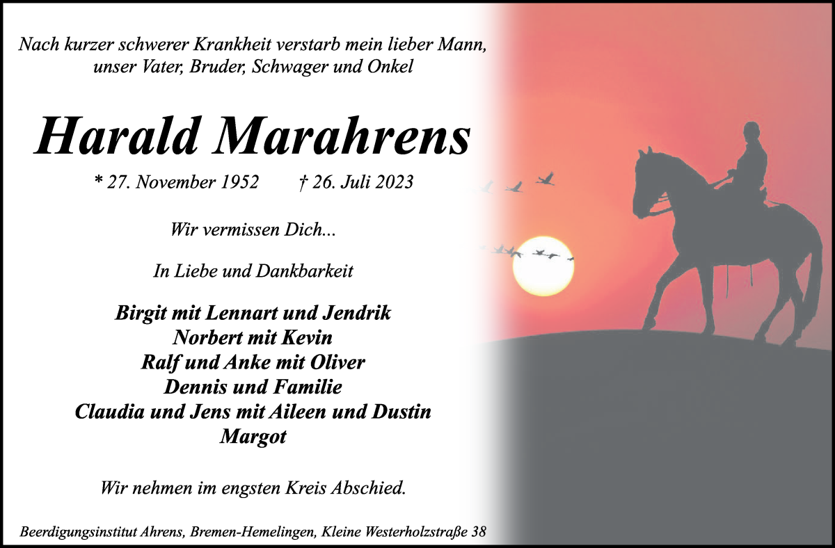 Traueranzeige von Harald Marahrens von WESER-KURIER