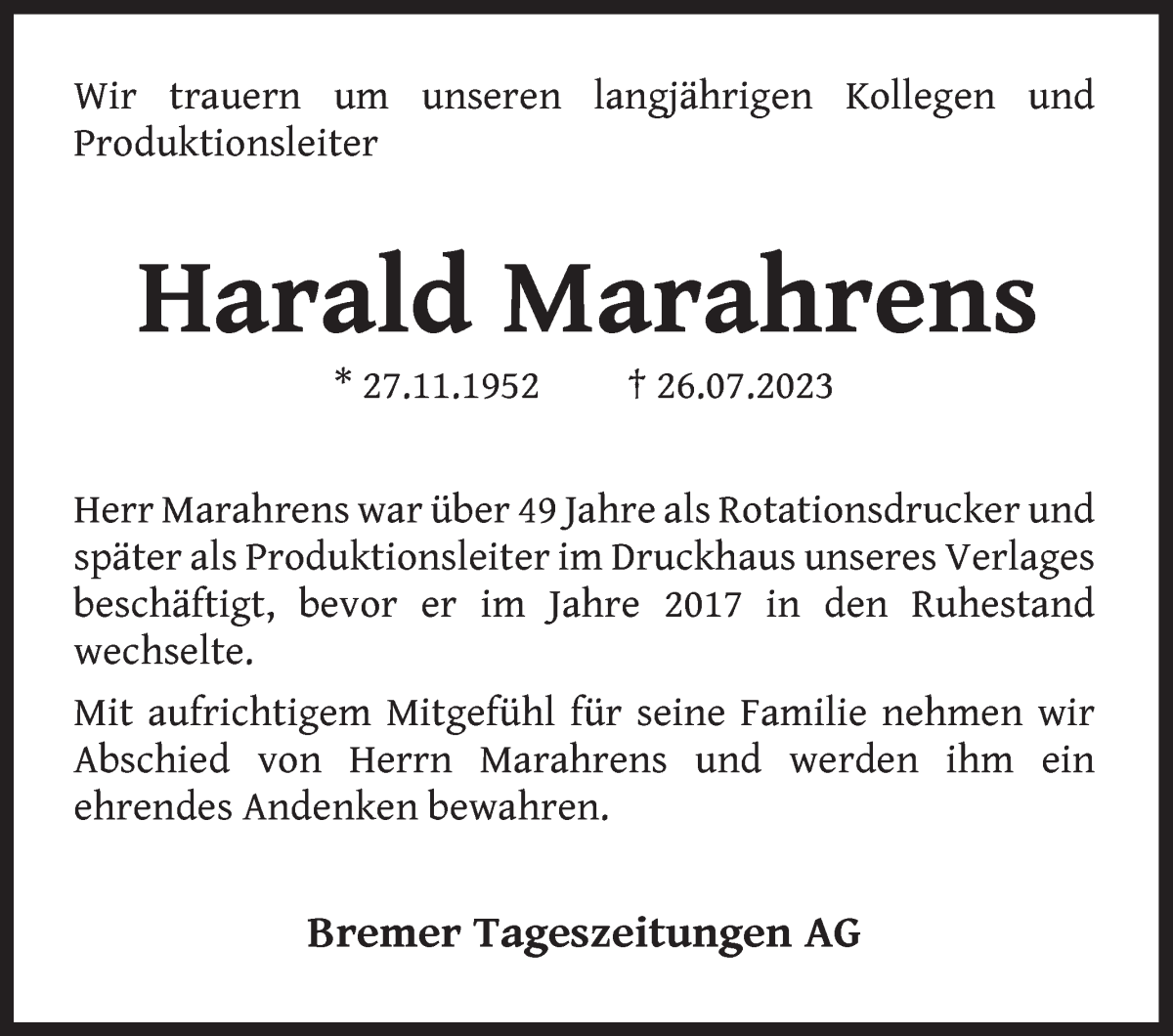 Traueranzeige von Harald Marahrens von WESER-KURIER