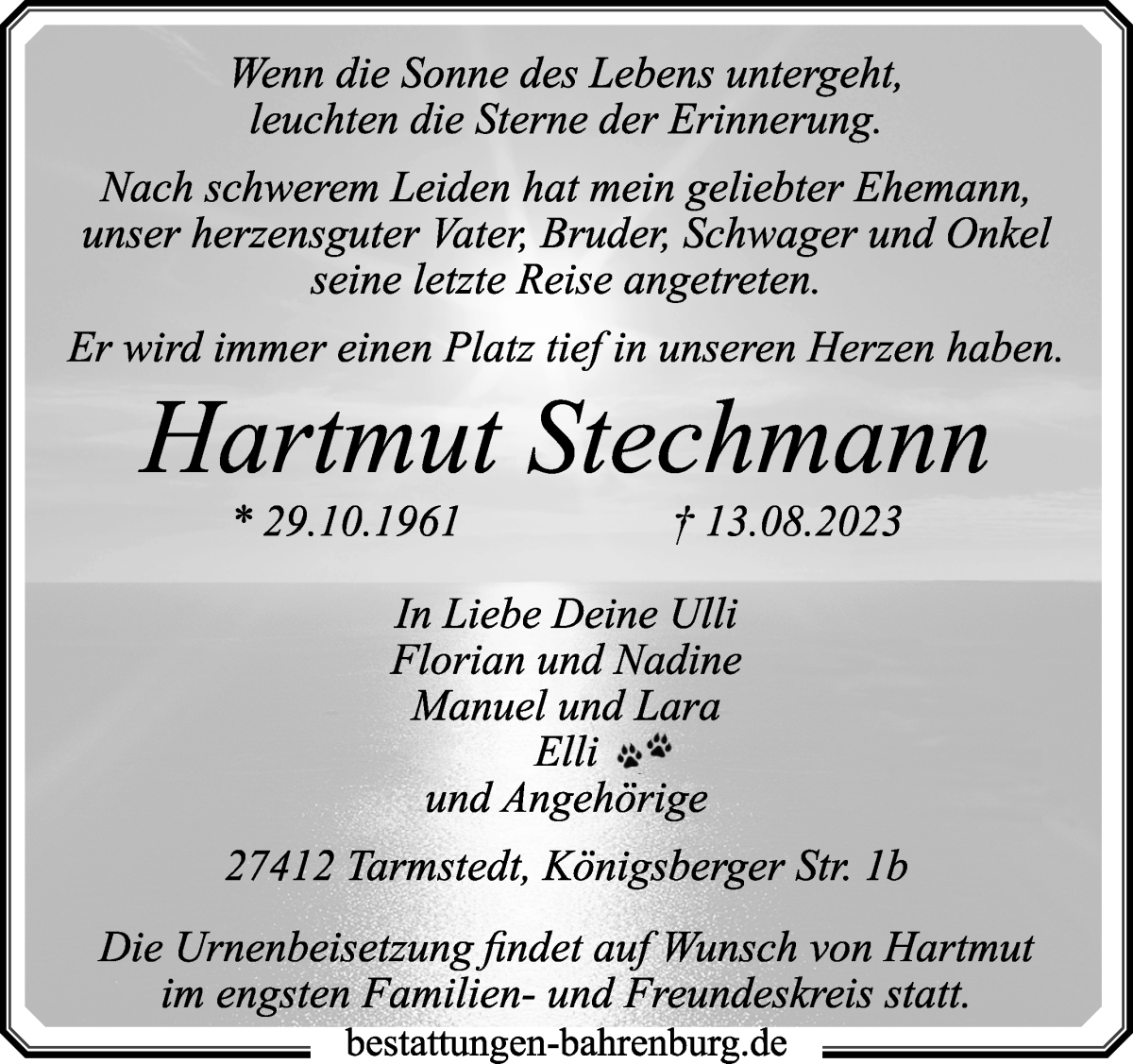 Traueranzeige von Hartmut Stechmann von Wuemme Zeitung
