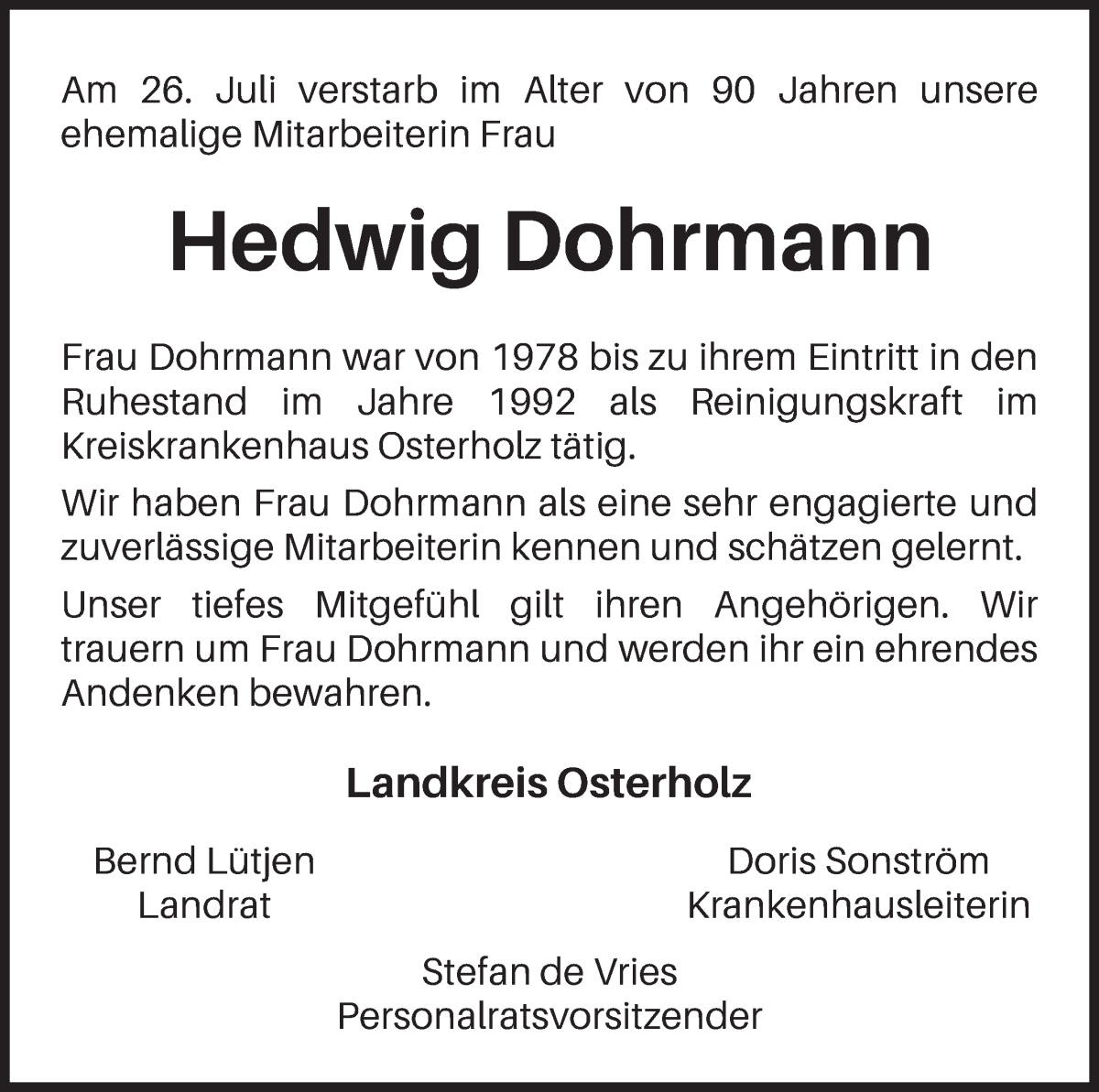 Traueranzeige von Hedwig Dohrmann von Osterholzer Kreisblatt