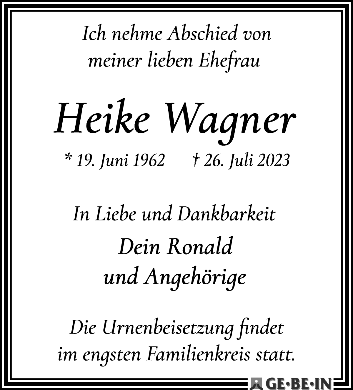 Traueranzeige von Heike Wagner von WESER-KURIER