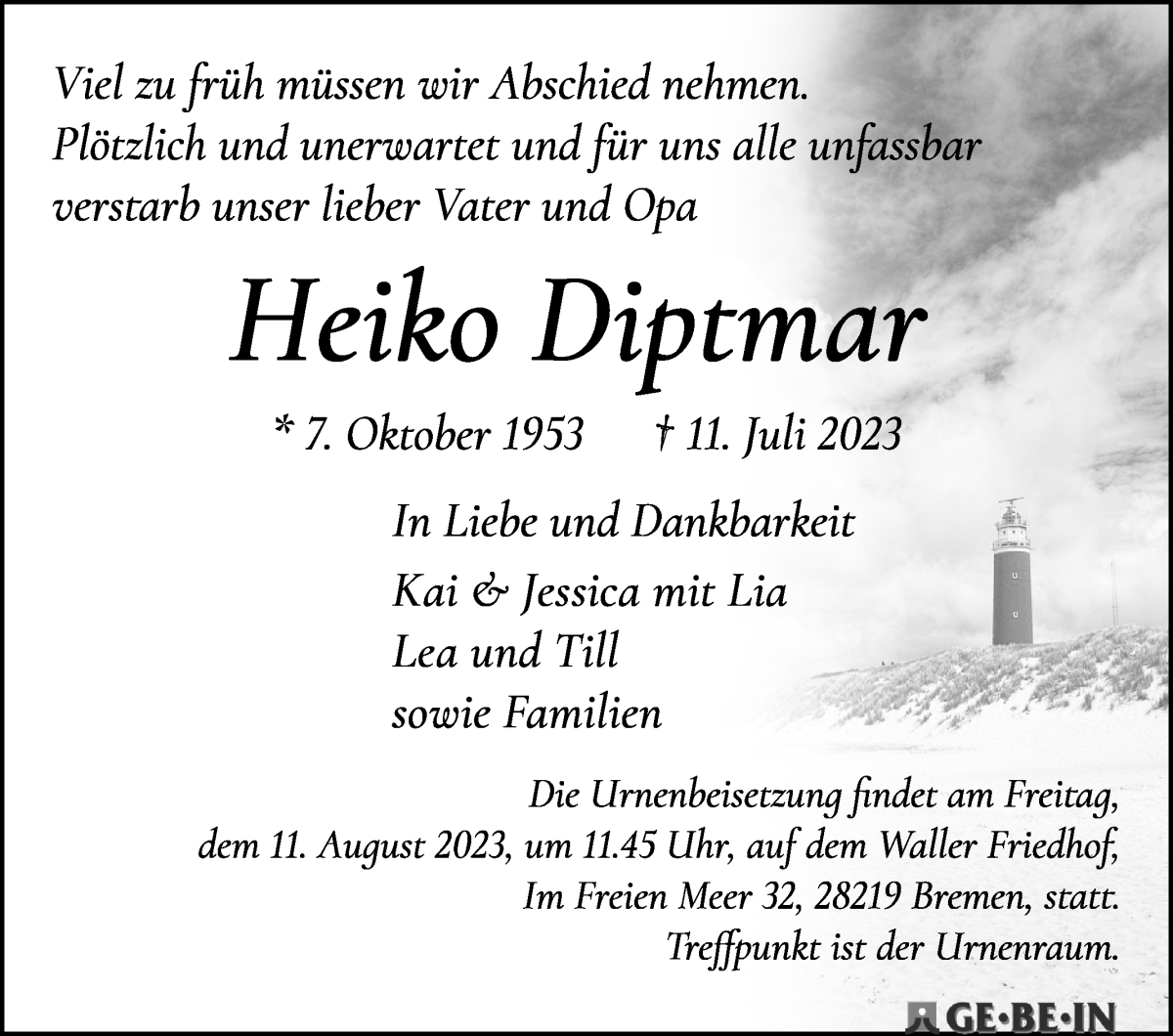 Traueranzeige von Heiko Diptmar von WESER-KURIER