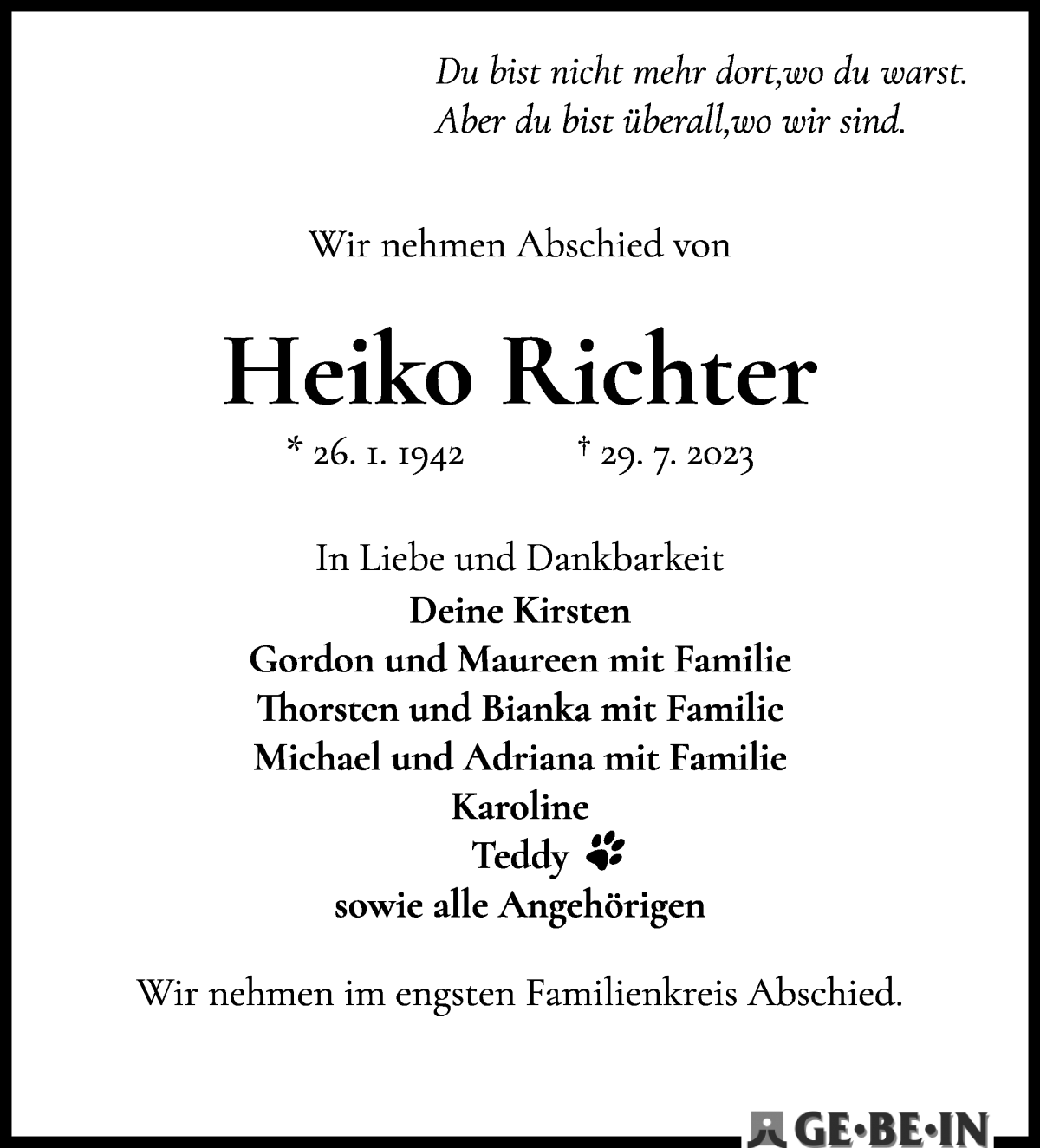 Traueranzeige von Heiko Richter von WESER-KURIER