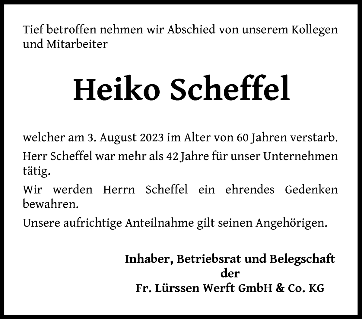 Traueranzeige von Heiko Scheffel von Die Norddeutsche