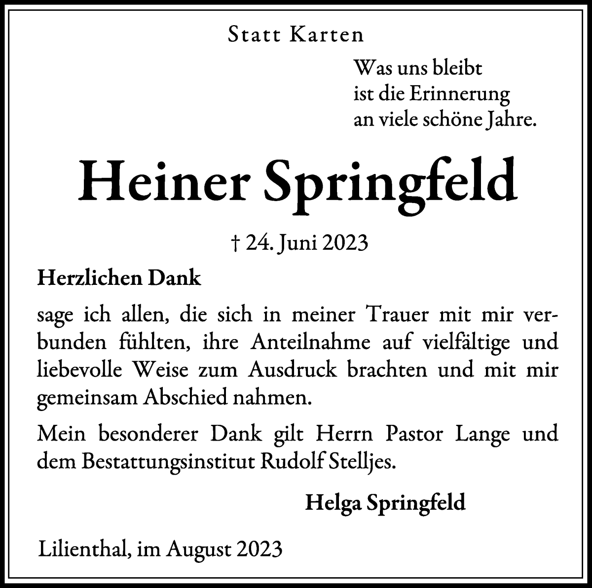 Traueranzeige von Heiner Springfeld von Wuemme Zeitung