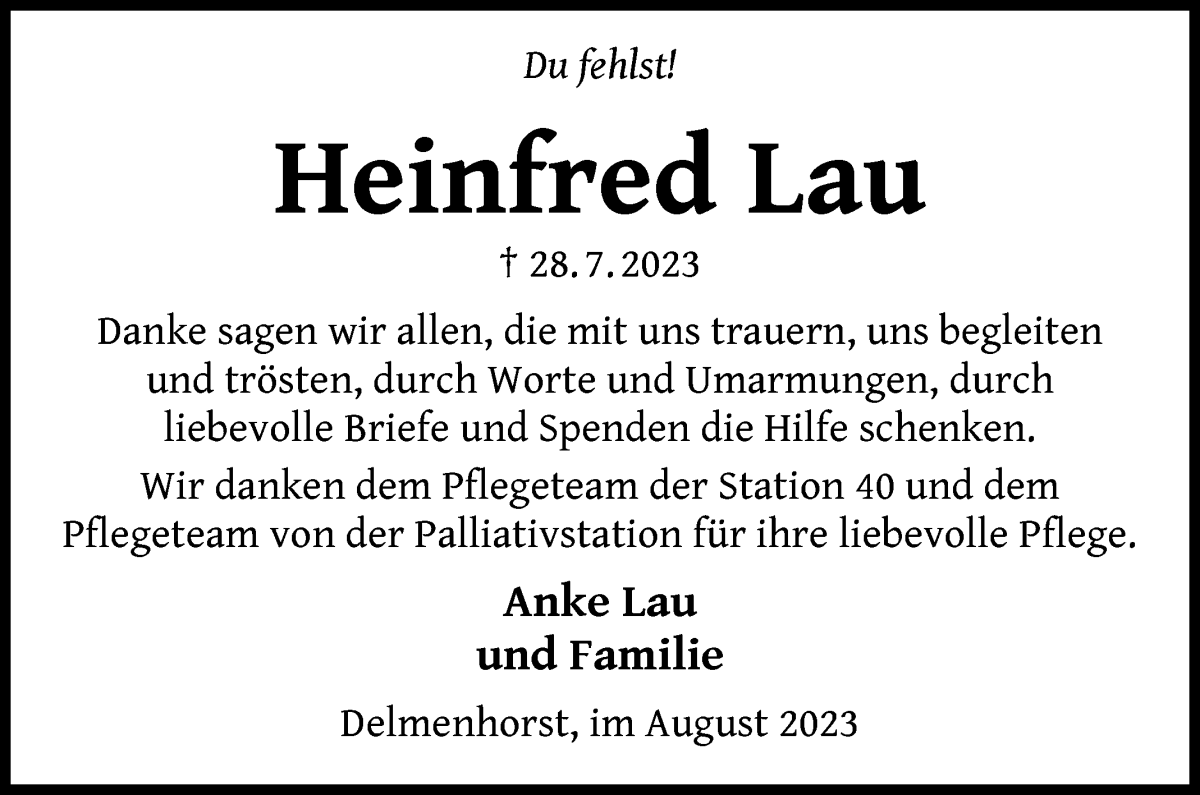 Traueranzeige von Heinfred Lau von WESER-KURIER
