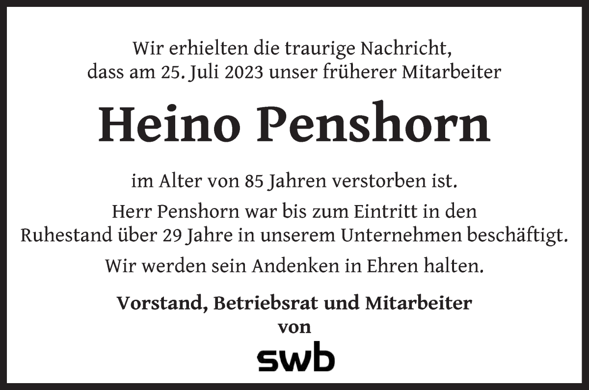 Traueranzeige von Heino Penshorn von WESER-KURIER