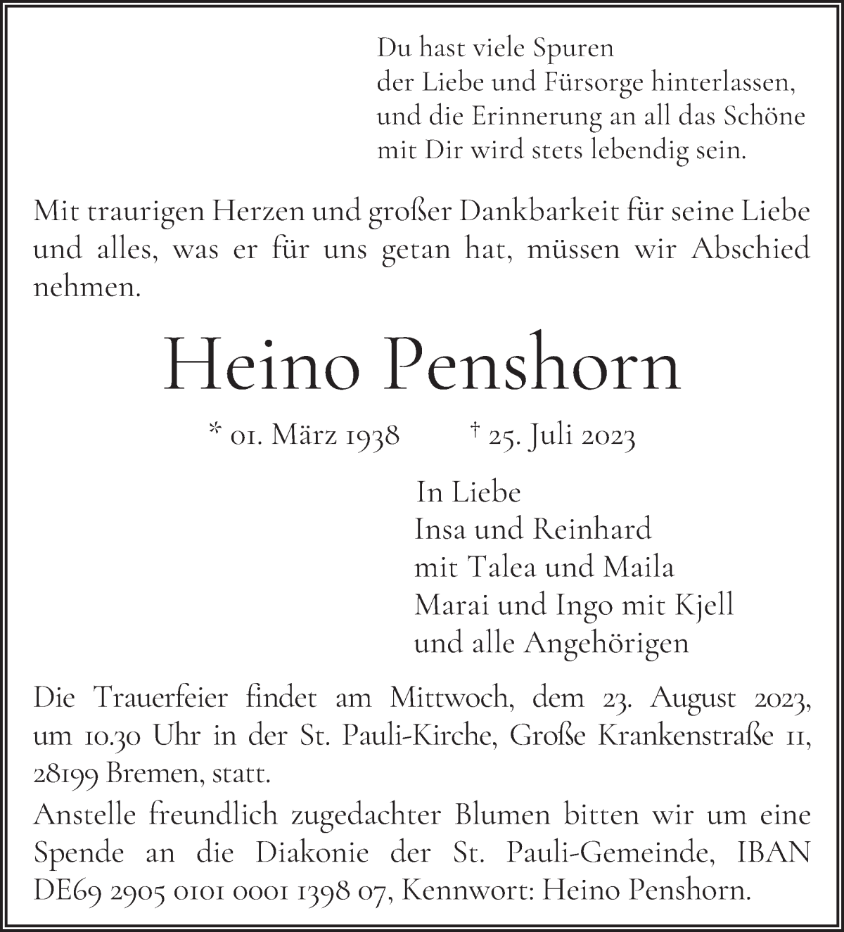 Traueranzeige von Heino Penshorn von WESER-KURIER