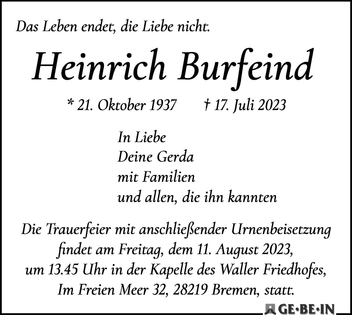 Traueranzeige von Heinrich Burfeind von WESER-KURIER