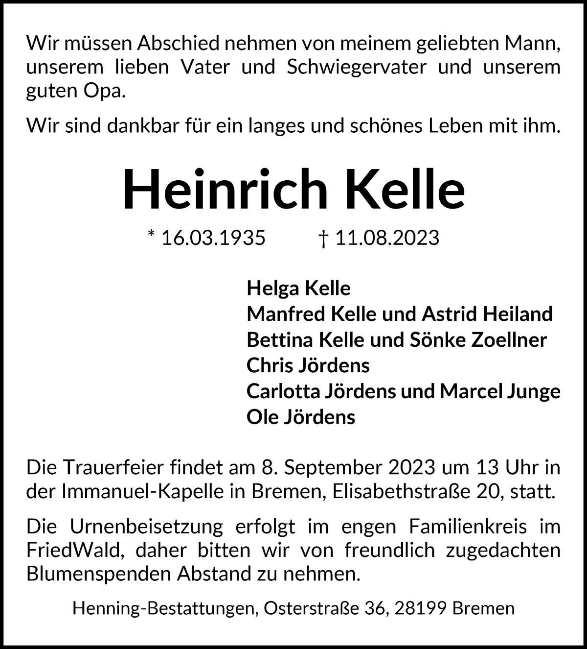 Traueranzeige von Heinrich Kelle von WESER-KURIER