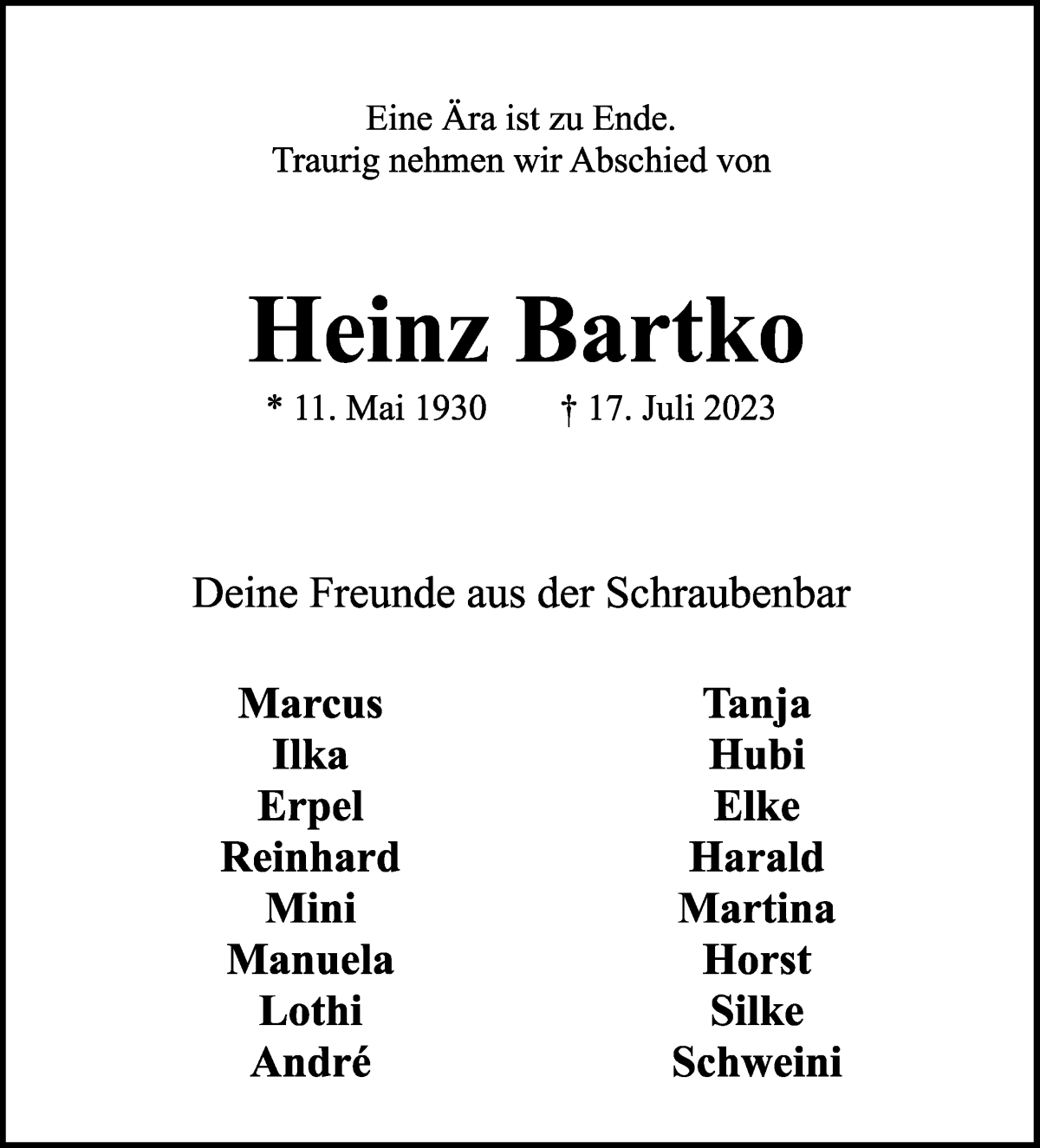 Traueranzeige von Heinz Bartko von Wuemme Zeitung