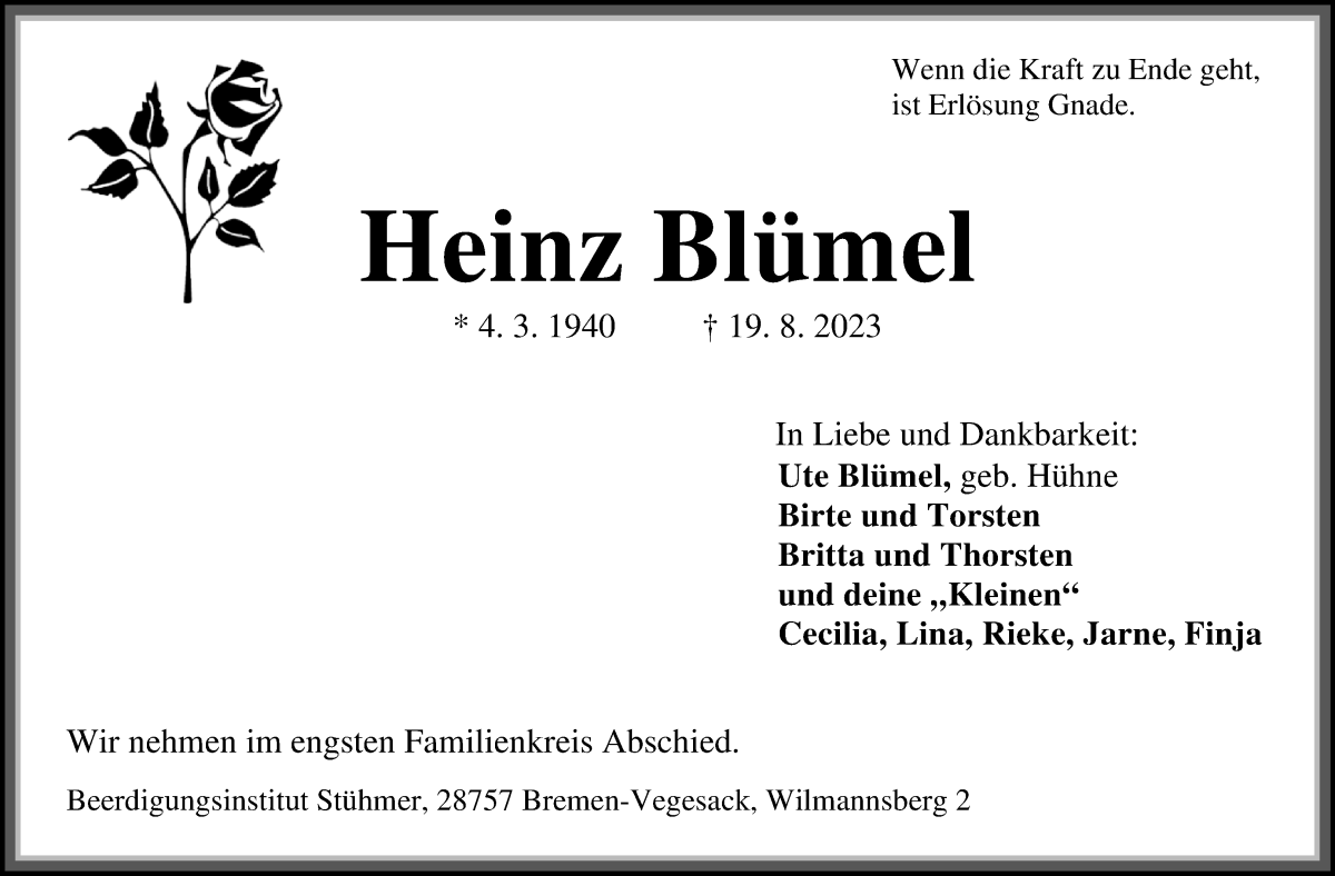 Traueranzeige von Heinz Blümel von Die Norddeutsche