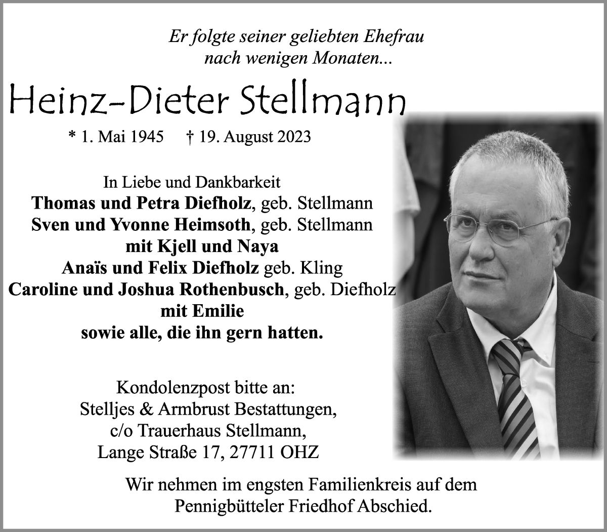 Traueranzeige von Heinz-Dieter Stellmann von Osterholzer Kreisblatt