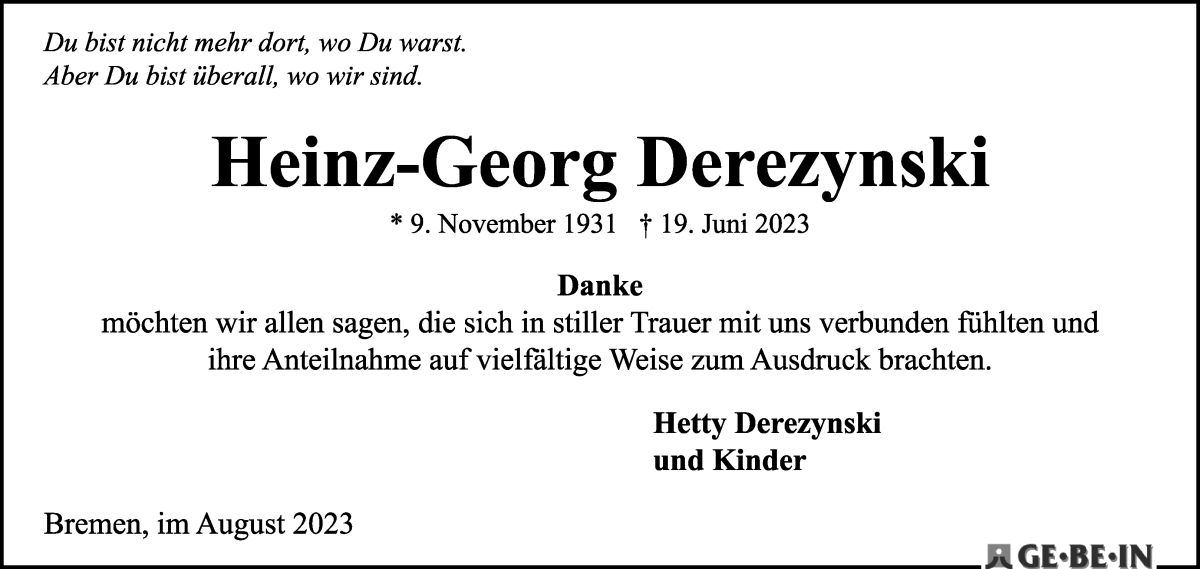 Traueranzeige von Heinz-Georg Derezynski von WESER-KURIER
