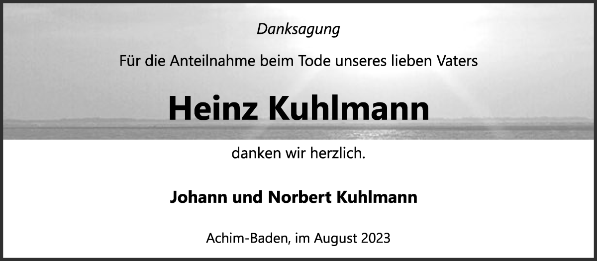 Traueranzeige von Heinz Kuhlmann von Achimer Kurier/Verdener Nachrichten