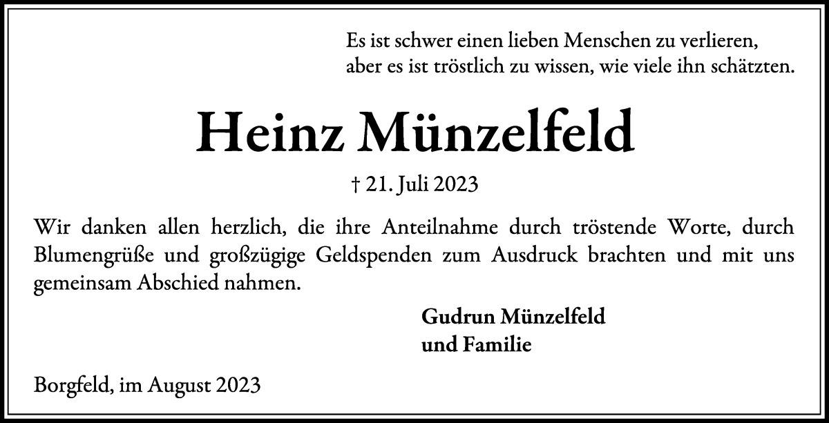 Traueranzeige von Heinz Münzelfeld von Wuemme Zeitung