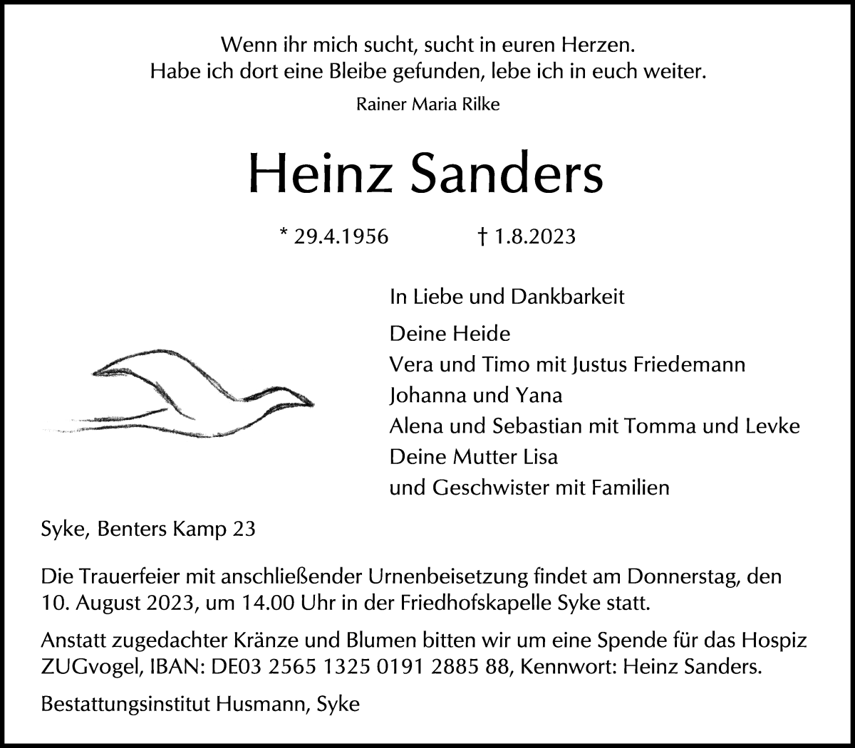 Traueranzeige von Heinz Sanders von Regionale Rundschau/Syker Kurier