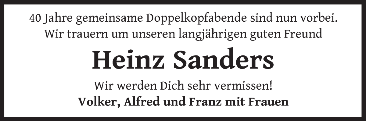 Traueranzeige von Heinz Sanders von Regionale Rundschau/Syker Kurier