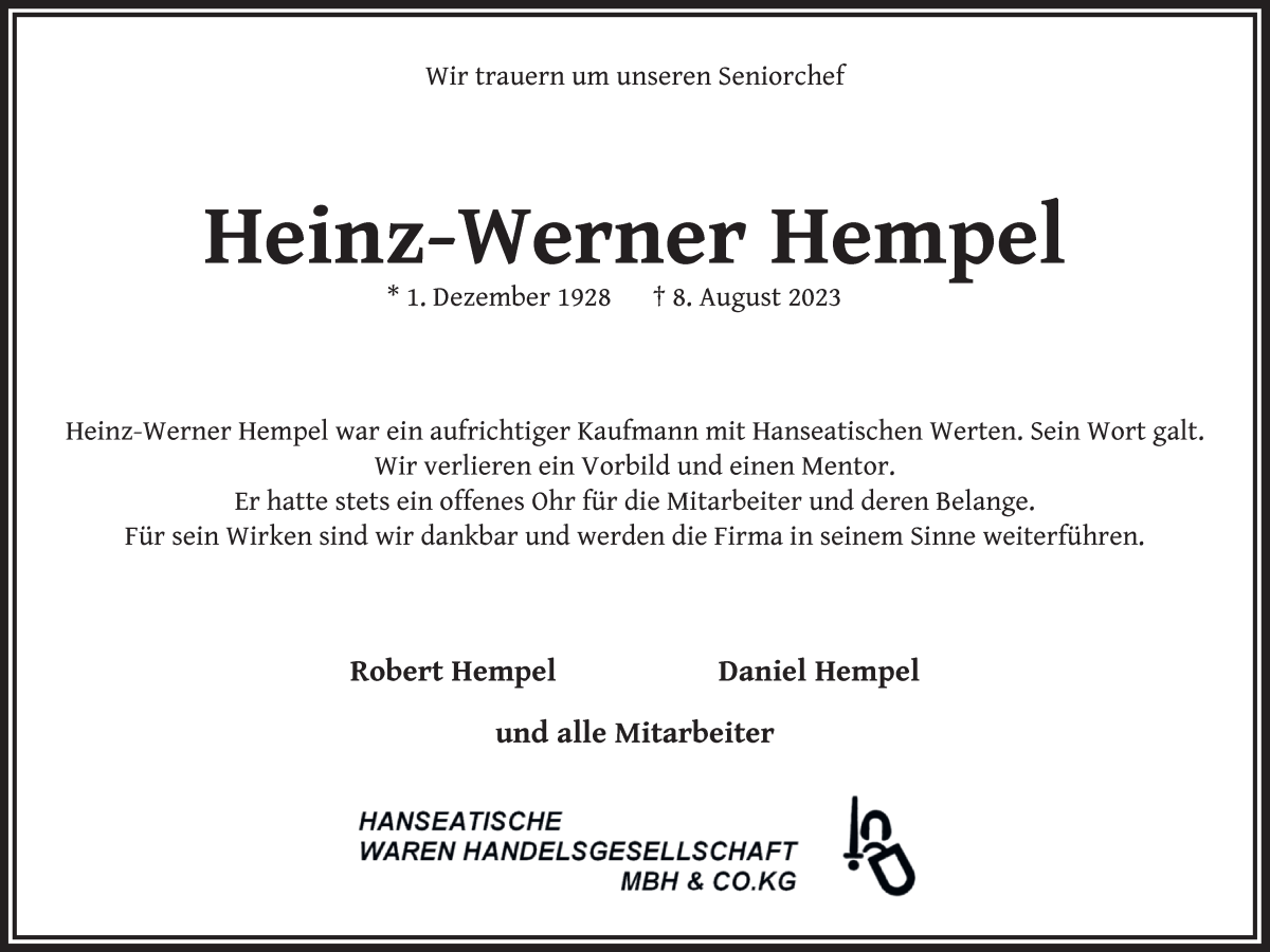 Traueranzeige von Heinz-Werner Hempel von WESER-KURIER